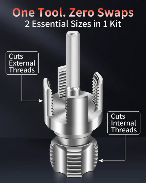 Close-up of Alinmesh Hc Steel Pvc Pipe Threader Kit 1/2 Inch And 3/4 Inch with drill adapter cutting internal and external threads.