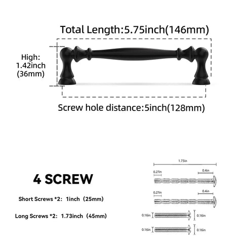 Dimensions of 10 Pack 5 Inch Matte Black Cabinet Handles Zinc Alloy Drawer Pulls for Cabinets, Dressers, Closets, and Doors