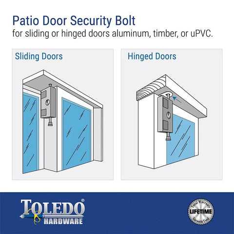 White Hardened Keyed Bolt Sliding Patio Door Lock Surface Mounted For Wood And Metal Doors illustration diagram.