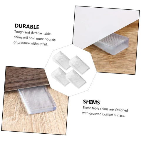 36 Piece Stackable Furniture Shims And Sofa Levelers Straight Up Fix Wobbly Floors, durable plastic table shims shown under furniture.