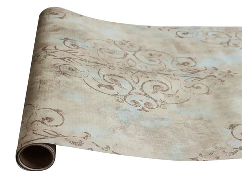 Peel And Stick Vintage French Damask Wallpaper Vinyl Self Adhesive For Walls Bedroom And Bathroom Decor Deep Yellow Mist Blue Brown 17.7 Inch By 9.8 Foot Easy Renter Friendly Install showing rolled design.
