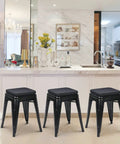 Four Pack Magnetic Bar Stool Cushions That Are Cozy And Comfy With Breathable Woven Fabric Anti Slip Silicone Bottom For Metal Cafe And Bistro Stools Square 11x11x1.3 Inches Set Of 4 Black on black metal stools in kitchen setting