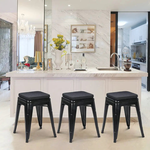 Four Pack Magnetic Bar Stool Cushions That Are Cozy And Comfy With Breathable Woven Fabric Anti Slip Silicone Bottom For Metal Cafe And Bistro Stools Square 11x11x1.3 Inches Set Of 4 Black on black metal stools in kitchen setting