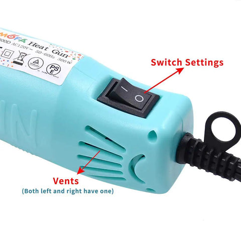 Close-up of switch and vents on Resin Heat Gun For Crafts 300W With 6.6ft Cord Blue Multi Purpose Hot Air Tool Handy For Drying.
