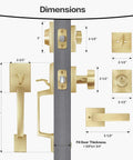 Diagram of Satin Brass Entry Door Handle Set With Square Backplate, Single Cylinder Deadbolt, dimensions and parts.