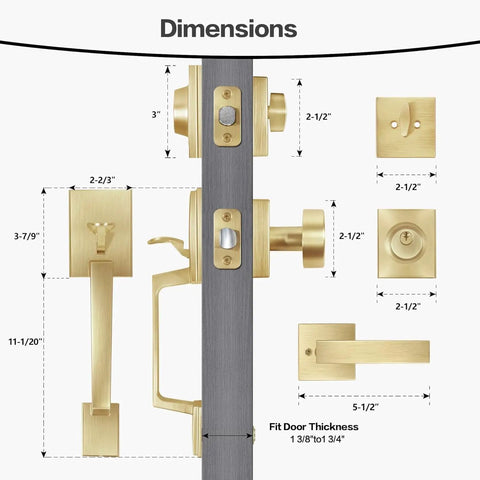 Diagram of Satin Brass Entry Door Handle Set With Square Backplate, Single Cylinder Deadbolt, dimensions and parts.