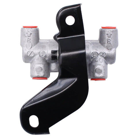Top Shelf Brake Proportioning Valve For Honda Civic 1.5 And 1.6 Liter Models 1992 To 1995, silver and black hydraulic valve, top view.