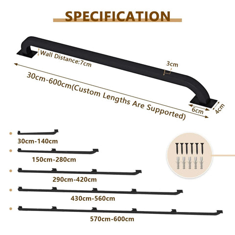 Built Tough Stair Railing Handrail Wall Mount Indoor Banister Wrought Iron Brackets specifications for adjustable lengths 30-600cm matte black.