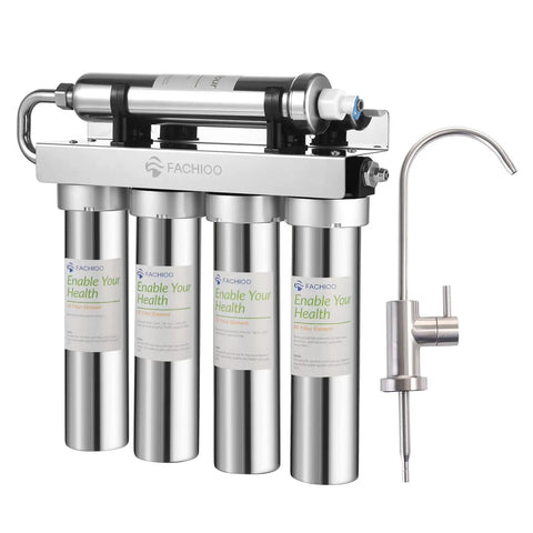 Under Sink Water Filter System 0.01 Micron Ultra Filtration Tankless 5-Stage with faucet, showing four filters and metal faucets.