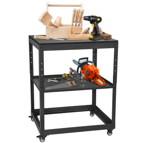 Heavy Duty Rolling Tool Stand With Swivel Casters And Tough Melamine Wood Worktop For Miter Saws Drill Press Bench Grinders And Planers, 27.7 x 24 inch.