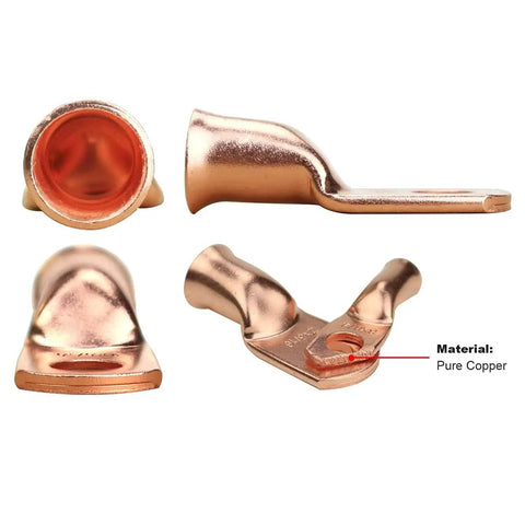 Heavy Duty Battery Lugs And Ring Terminals For 2/0 AWG Cables 3/8 Inch Copper Lugs, close-up of four connectors