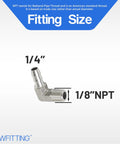 Heavy Duty 90 Degree Elbow Stainless Steel 316 Hose Barb Fitting Quarter Inch ID Tube To One Eighth Male NPT Pipe Connection shown with fitting sizes