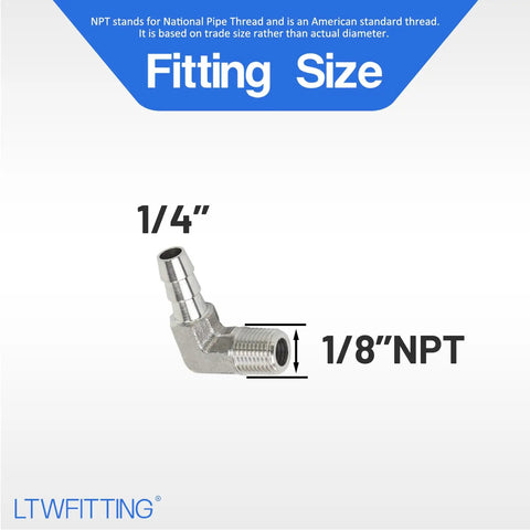 Heavy Duty 90 Degree Elbow Stainless Steel 316 Hose Barb Fitting Quarter Inch ID Tube To One Eighth Male NPT Pipe Connection shown with fitting sizes