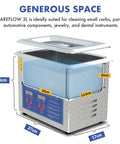 3L Ultrasonic Parts Cleaner With 200W Heating for cleaning carbs injectors jewelry guns brass, open lid view, dimensions shown