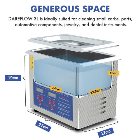 3L Ultrasonic Parts Cleaner With 200W Heating for cleaning carbs injectors jewelry guns brass, open lid view, dimensions shown