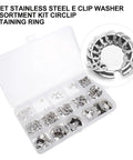 Heavy Duty Stainless Steel Retaining Ring Set With E Shaped Clips 400 Piece Assortment For Automotive Machinery And DIY Projects Rust Resistant Clip Rings Kit Ready For Quick No Fuss Install. Stainless steel E clip washer assortment kit in organizer box.