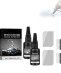 Windshield Crack Repair Kit Two Piece DIY Auto Glass Repair Liquid, 30ml bottles, applicator shown in use on glass.