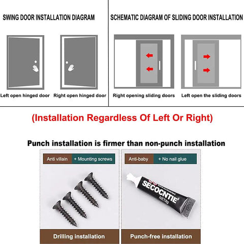 Installation guide for Stainless Steel 90 Degree Portable Door Latch Heavy Duty Barn Gate Lock with screws and no glue options.
