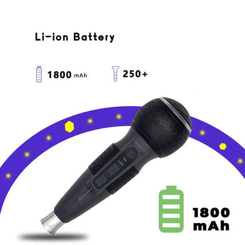 Black cordless mini drill with nonslip ergonomic grip and brushless motor, 1800 mAh Li-ion battery, USB charging capability.