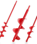 Upgrade 3-Piece Auger Drill Bit Set For Easy Planting, Bulbs, And Garden Beds - three red steel auger bits of varying sizes.