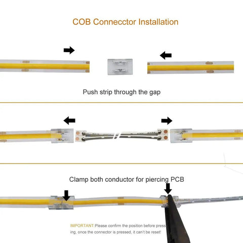 Installation diagram of 8mm COB LED Strip Connector Kit With 2 Pin Extension For High Density COB Lights Transparent Gapless Splicer PCB