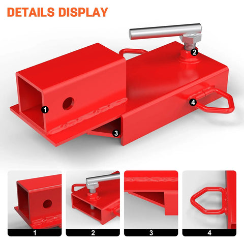 Heavy Duty Universal 2 Inch Forklift Trailer Hitch Adapter With Dead Simple Clamp On Grip For Lightning Fast Pallet Fork Ball Mount Rigging And Zero Fuss Job Site Setup, detail view showing clamp and hitch design.