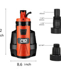 Heavy Duty Submersible Water Pump 1HP 3500 GPH With Built In Float Switch featuring orange housing and size dimensions