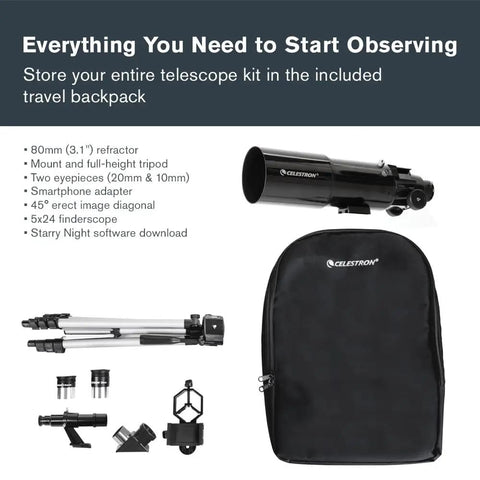 80mm Travel Scope Telescope Kit With Backpack And Smartphone Adapter For Beginners, Crisp Views Of The Moon And Planets, Lightweight Refractor With Fully Coated Glass Lenses, Travel Ready Gear For Daytime Skies And Easy Astronomy.