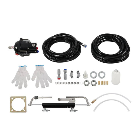Outboard Hydraulic Steering Kit For 90HP Or Less Boats With Helm Pump And Hydraulic Cylinder Includes Steering Hose parts laid out