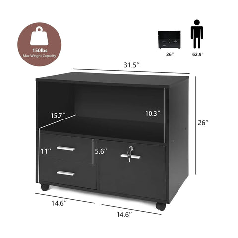 Slick Three Drawer File Cabinet With Secure Lock, Smooth Rollin Office Storage Unit Packed With Handy Shelves And Tough Printer Stand, Matte Black Build With No Sweat Assembly