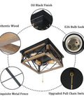Farmhouse Flush Mount Cage Light With Adjustable Pull Chain, square wood rustic ceiling fixture, oil black finish details