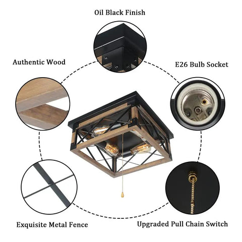 Farmhouse Flush Mount Cage Light With Adjustable Pull Chain, square wood rustic ceiling fixture, oil black finish details