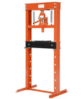 Front view of Beefy 20 Ton Hydraulic Shop Press H Frame With Adjustable Height Pneumatic Benchtop Press in orange for workshops.