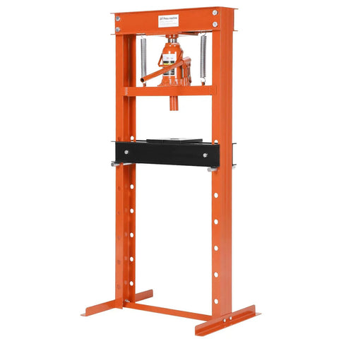 Front view of Beefy 20 Ton Hydraulic Shop Press H Frame With Adjustable Height Pneumatic Benchtop Press in orange for workshops.