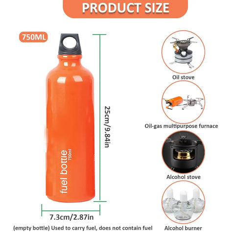 Aluminum Fuel Bottle 750ml For Camping And Outdoor Use, Leak Proof Container for gas petrol kerosene next to size information and uses.