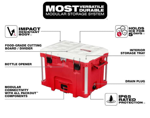 Beefy Milwaukee Packout 40Qt XL Cooler 3Pc Set With Impact Resistant Polymer Body White Red Heavy Duty Rolling Tool Box Built To Handle 250 Lb Load 9 Inch All Terrain Wheels Industrial Grade Handle featuring modular storage system and IP65 protection.