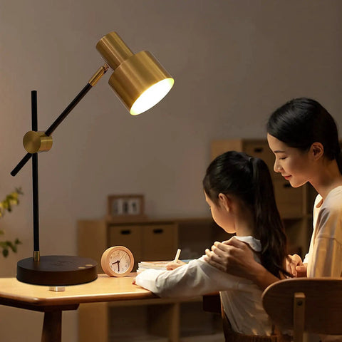 Sleek Desk Lamp With Wireless Charging And USB Port Swing Arm Brass Metal And Wood Nightstand Light Mid Century Modern Reading Lamp