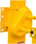 Close-up of Heavy Duty Rugged Trailer Jack Stand With Slick Rolling Wheels, showing the yellow steel crank mechanism and mounting points.