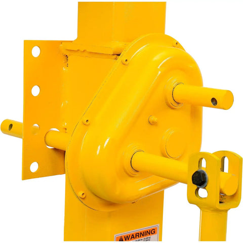 Close-up of Heavy Duty Rugged Trailer Jack Stand With Slick Rolling Wheels, showing the yellow steel crank mechanism and mounting points.