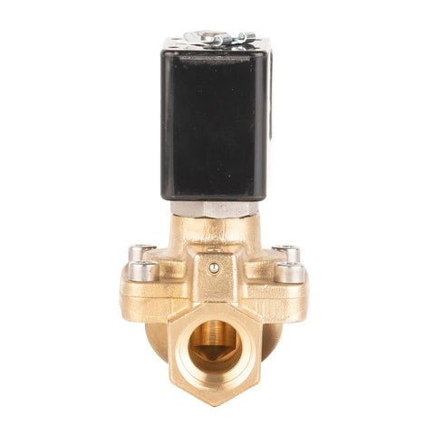 Brass Steam Solenoid Valve Three Eighths Inch NPT 24V DC High Temperature Normally Open Industrial Valve front view