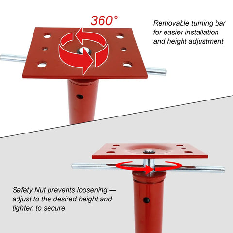 Real Deal Heavy Duty Adjustable House Floor Jacks Rated At 17500 Lbs with 360° removable turning bar for height adjustments.