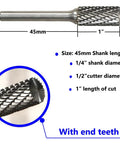 Durable Boss Grade Carbide Burr Set SB-5 For Die Grinder Bits With Half Inch Head Diameter And One Inch Cutter Length And Quarter Inch Shank For Die Grinder Rotary Tools Cylinder Shape Pack Of Five, front view with dimensions and close-up of end teeth.