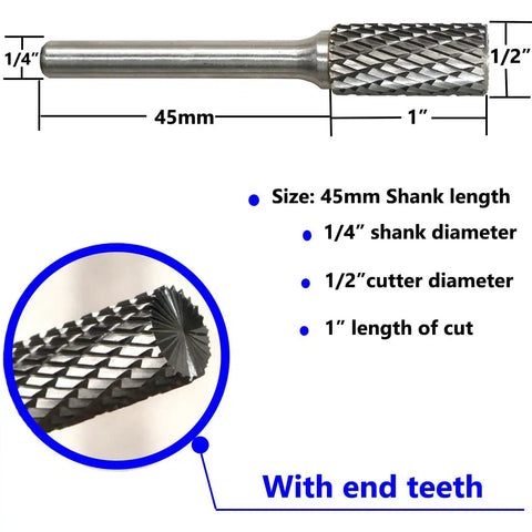 Durable Boss Grade Carbide Burr Set SB-5 For Die Grinder Bits With Half Inch Head Diameter And One Inch Cutter Length And Quarter Inch Shank For Die Grinder Rotary Tools Cylinder Shape Pack Of Five, front view with dimensions and close-up of end teeth.