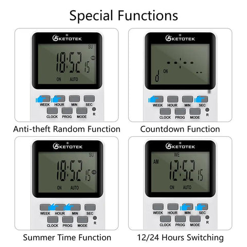 Slick Digital Plug In Timer Socket Featuring A Spacious Lcd Screen And Super Easy Push Button Programming For Hella Energy Savings With Ip20 Safety Ratings For Everyday Home Use displaying special functions like countdown and anti-theft.