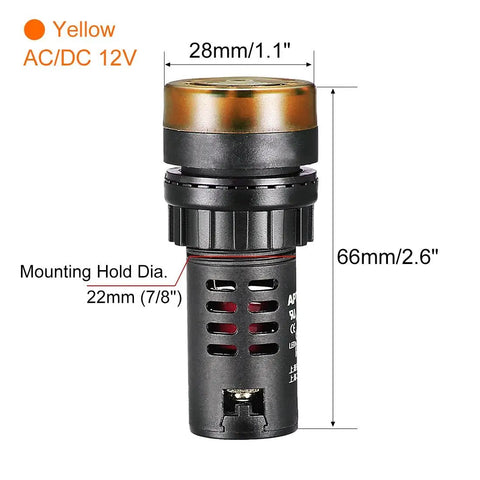 Yellow Indicator Light With Buzzer 12V AC DC, 22mm Panel Mount, dimensions labeled, for Electrical Control Panels, 3 Pack