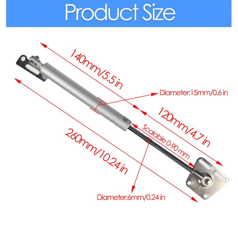 Heavy Duty 10 Inch Gas Struts 2 Pack Soft Close Cabinet Lift Supports with dimensions for easy installation and compatibility.