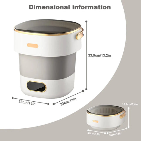 Slick Collapsible Mini Washing Machine With 13L Spin Basket And Quick Flip Design showing dimensions 33.5cm and 33cm.