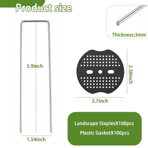 Heavy Duty U Shaped Galvanized Landscape Fabric Pins 200 Pack 6 Inch Garden Stakes With 100 Gaskets dimensions and details