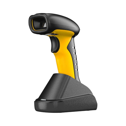 Industrial Bluetooth Barcode Scanner With Charging Dock, Wireless 2D And 1D Barcode Reader, shown with dock and ergonomic handle.