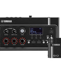 Black electronic acoustic drum module with stereo microphone and kick trigger for hybrid drum set, shown in front view.